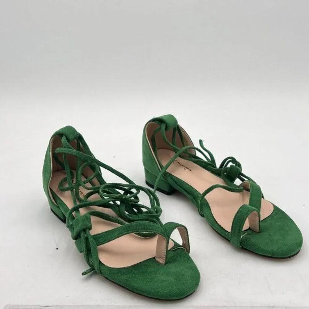 XYD Green Open Toe Strappy Low Heels Casual Comfort Lace Up Gladiator Roman